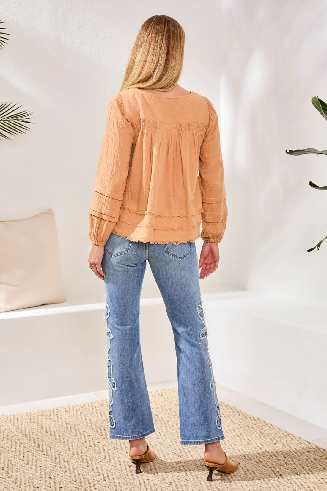 Tribal Crinkle Gauze Button-Front Balloon Sleeve Frayed Hem Blouse