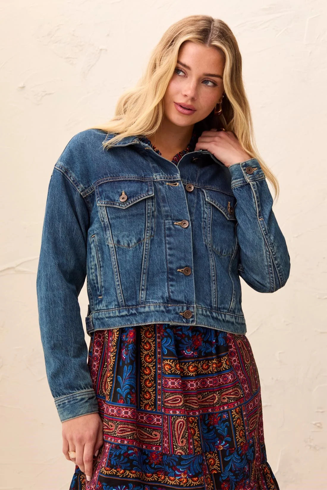 Tribal Casual Long Sleeve Cropped Denim Jacket
