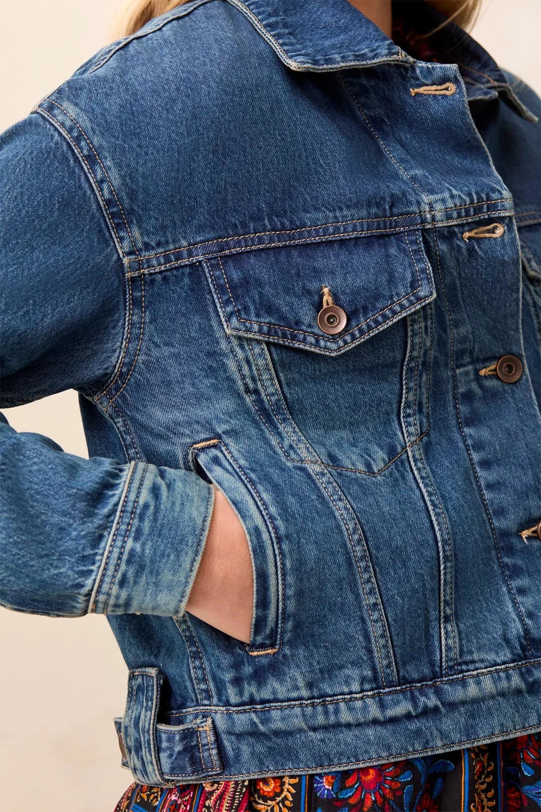 Tribal Casual Long Sleeve Cropped Denim Jacket