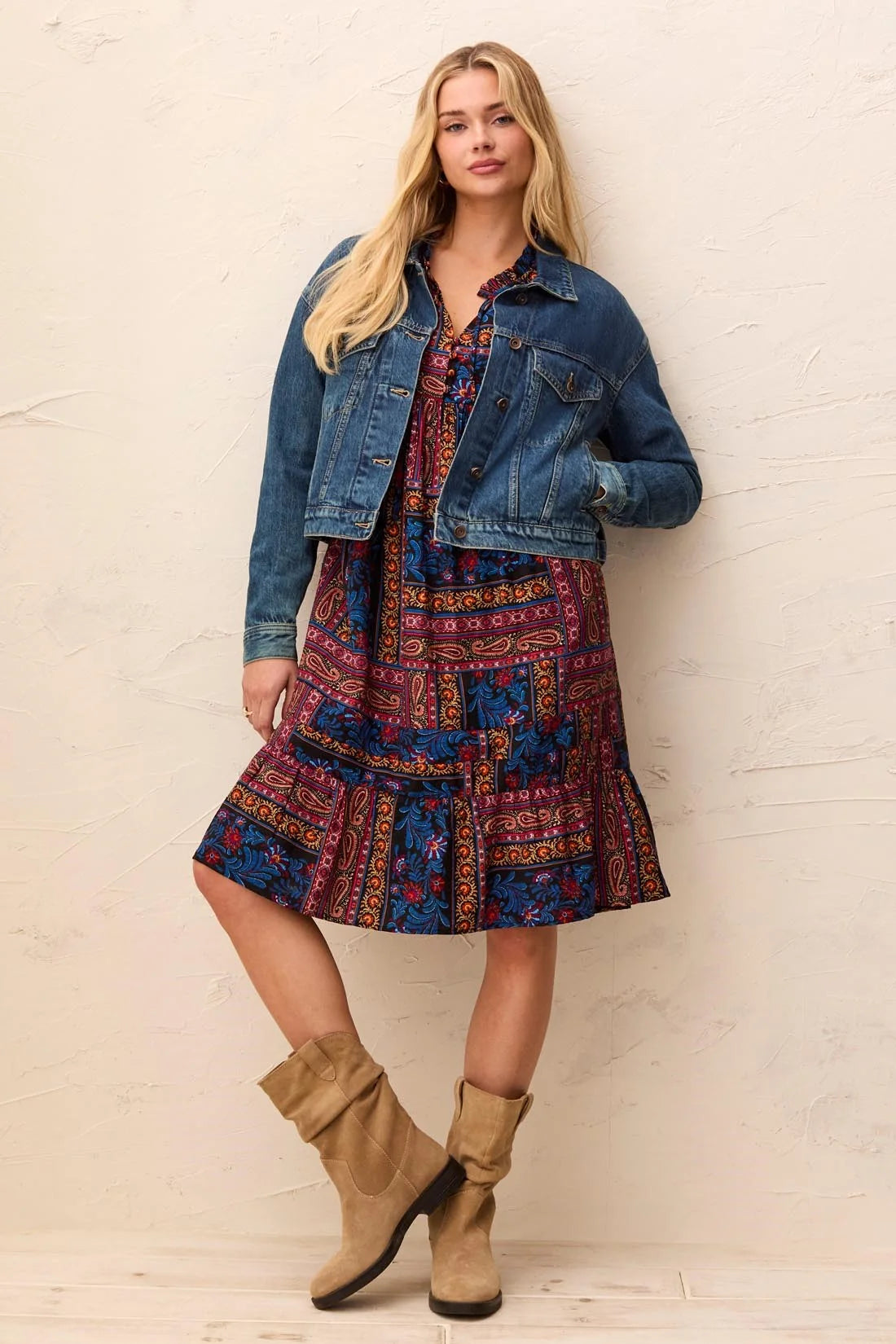 Tribal Casual Long Sleeve Cropped Denim Jacket