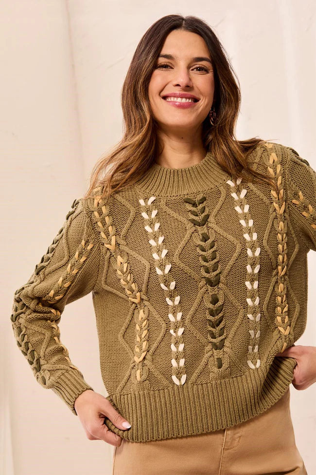 Tribal Contrast Lace-Up Cable Knit Crew Neck Sweater