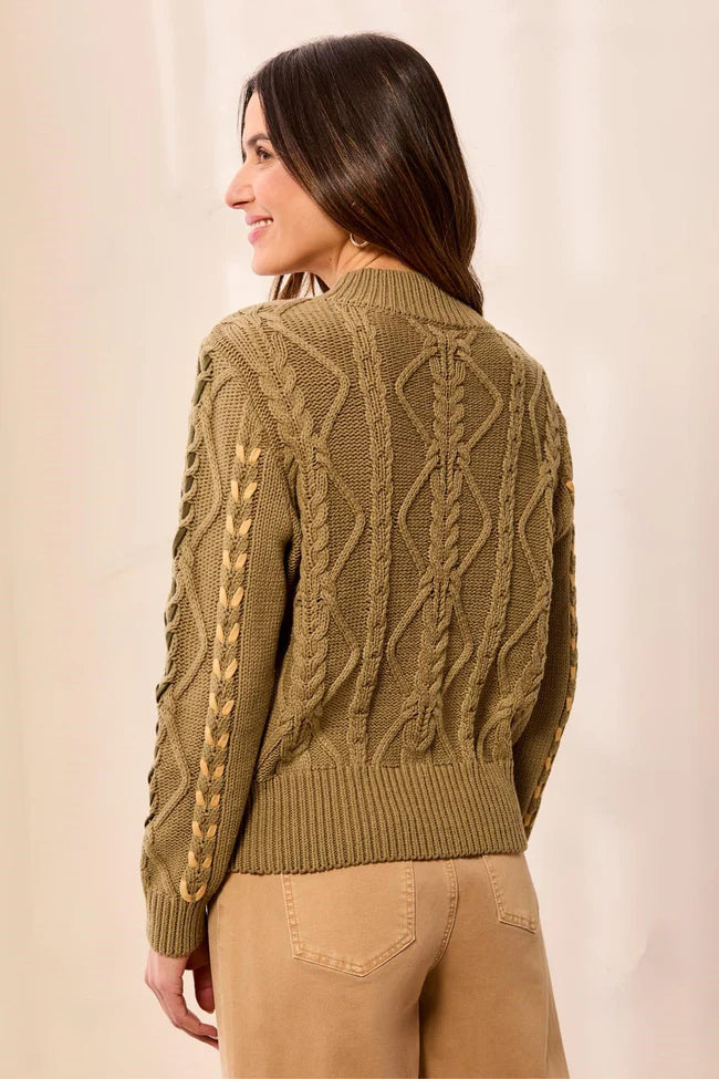 Tribal Contrast Lace-Up Cable Knit Crew Neck Sweater