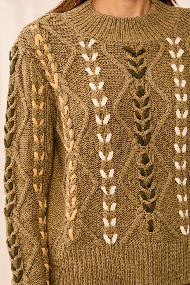 Tribal Contrast Lace-Up Cable Knit Crew Neck Sweater