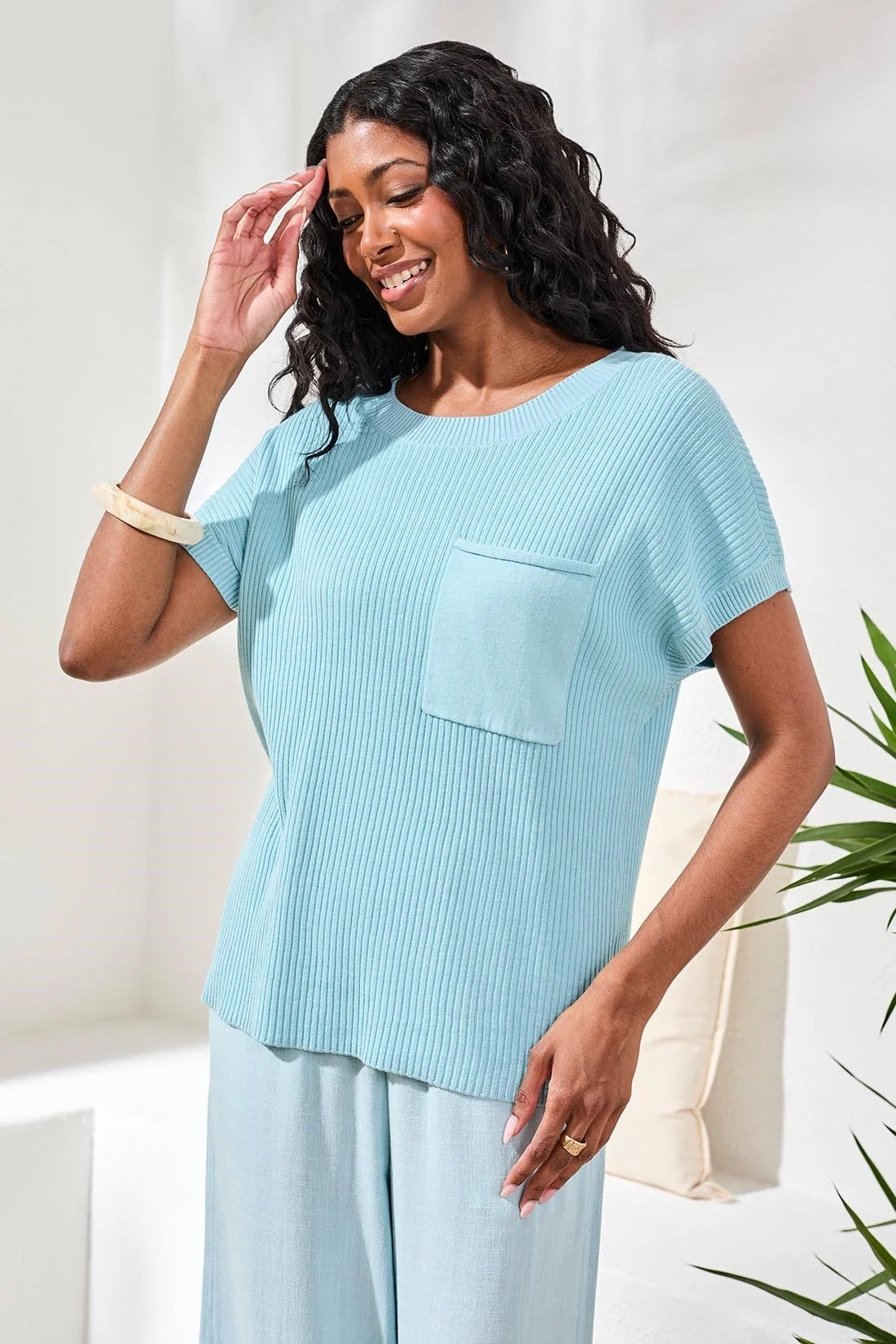 Tribal Dolman Short Sleeve Ribbed Knit Top With Pocket