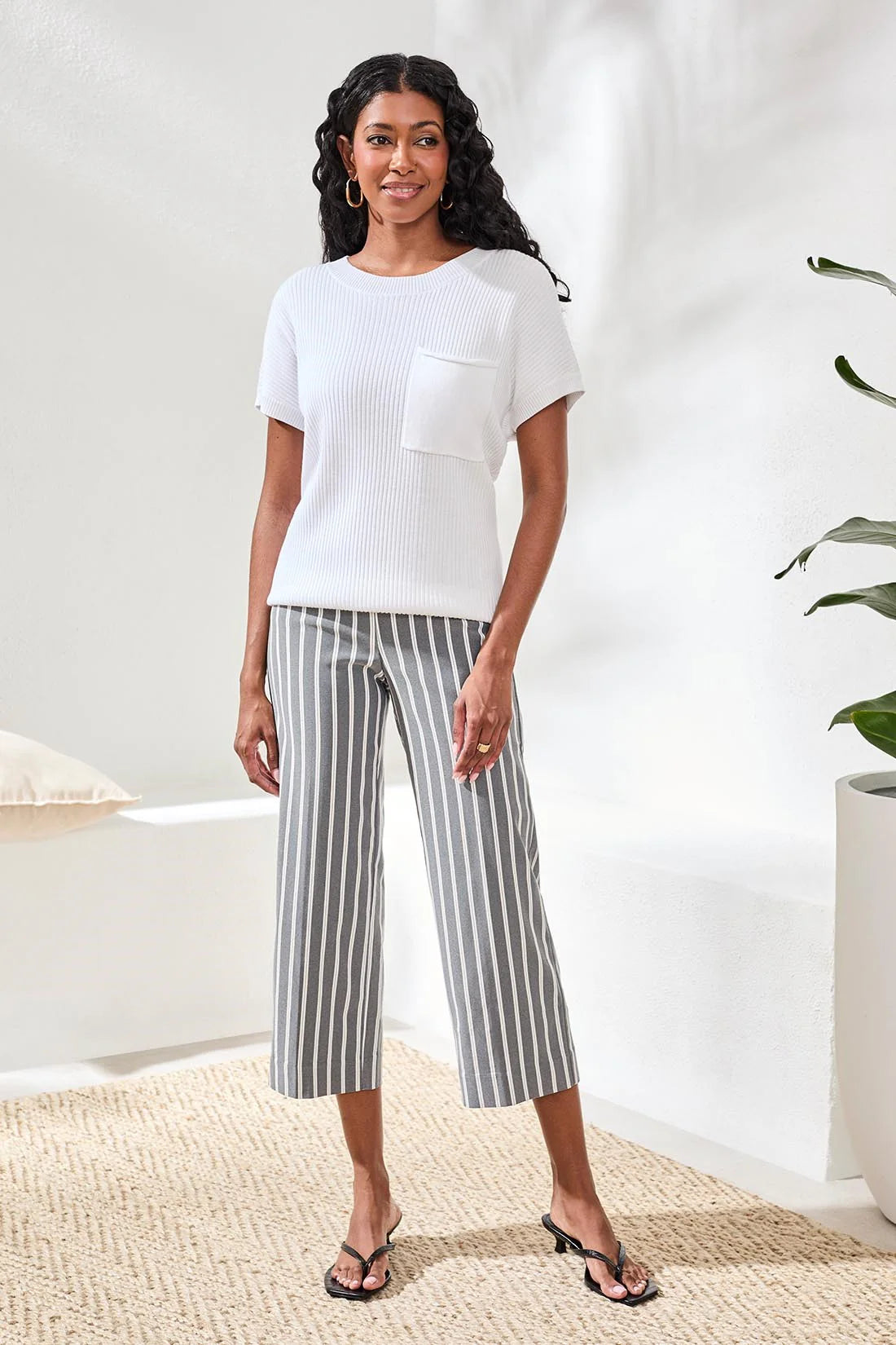 Tribal Dolman Short Sleeve Ribbed Knit Top With Pocket