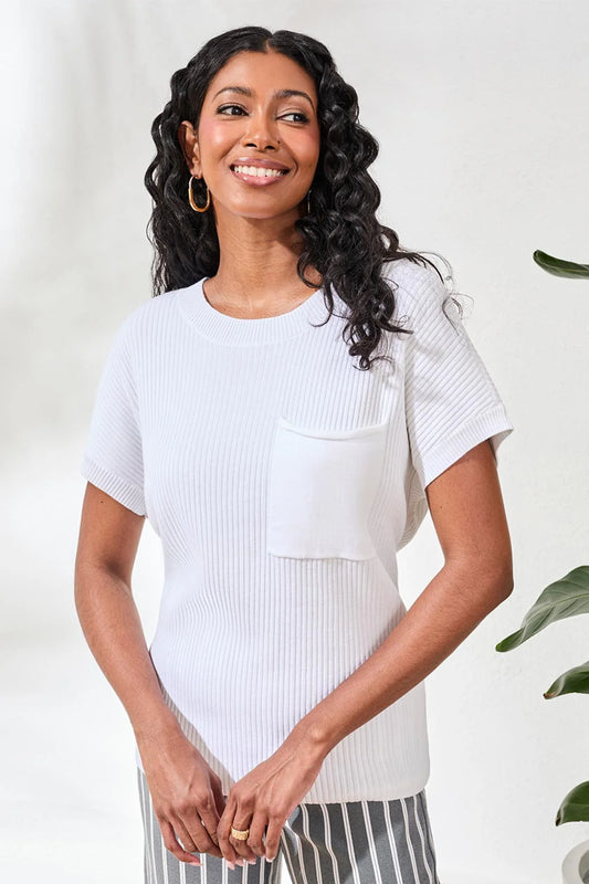 Tribal Dolman Short Sleeve Ribbed Knit Top With Pocket