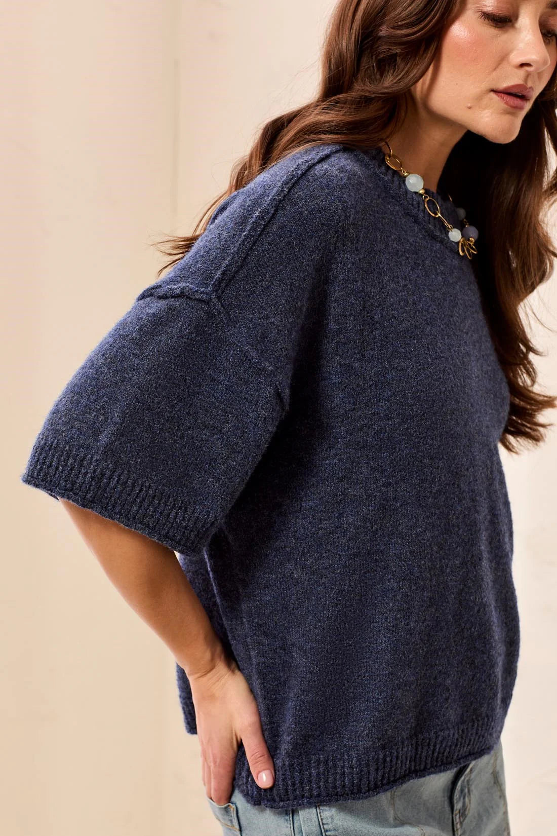 Tribal Lightweight Drop Shoulder Crew Neck Elbow Sleeve Sweater