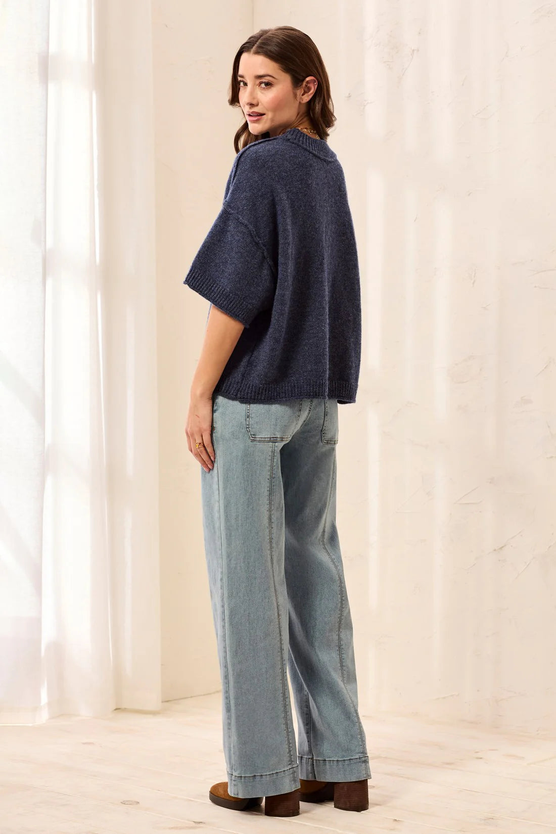 Tribal Lightweight Drop Shoulder Crew Neck Elbow Sleeve Sweater