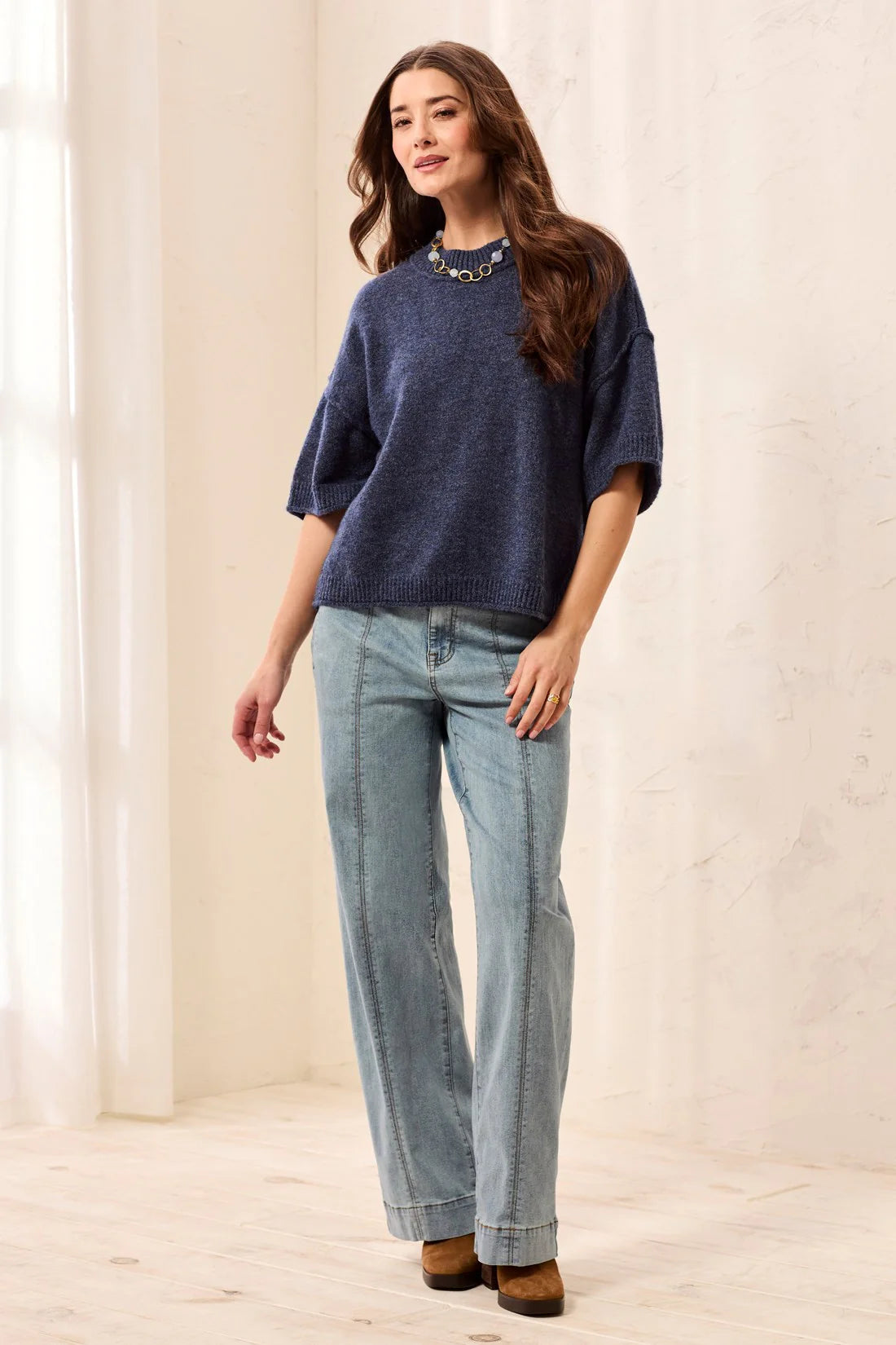 Tribal Lightweight Drop Shoulder Crew Neck Elbow Sleeve Sweater