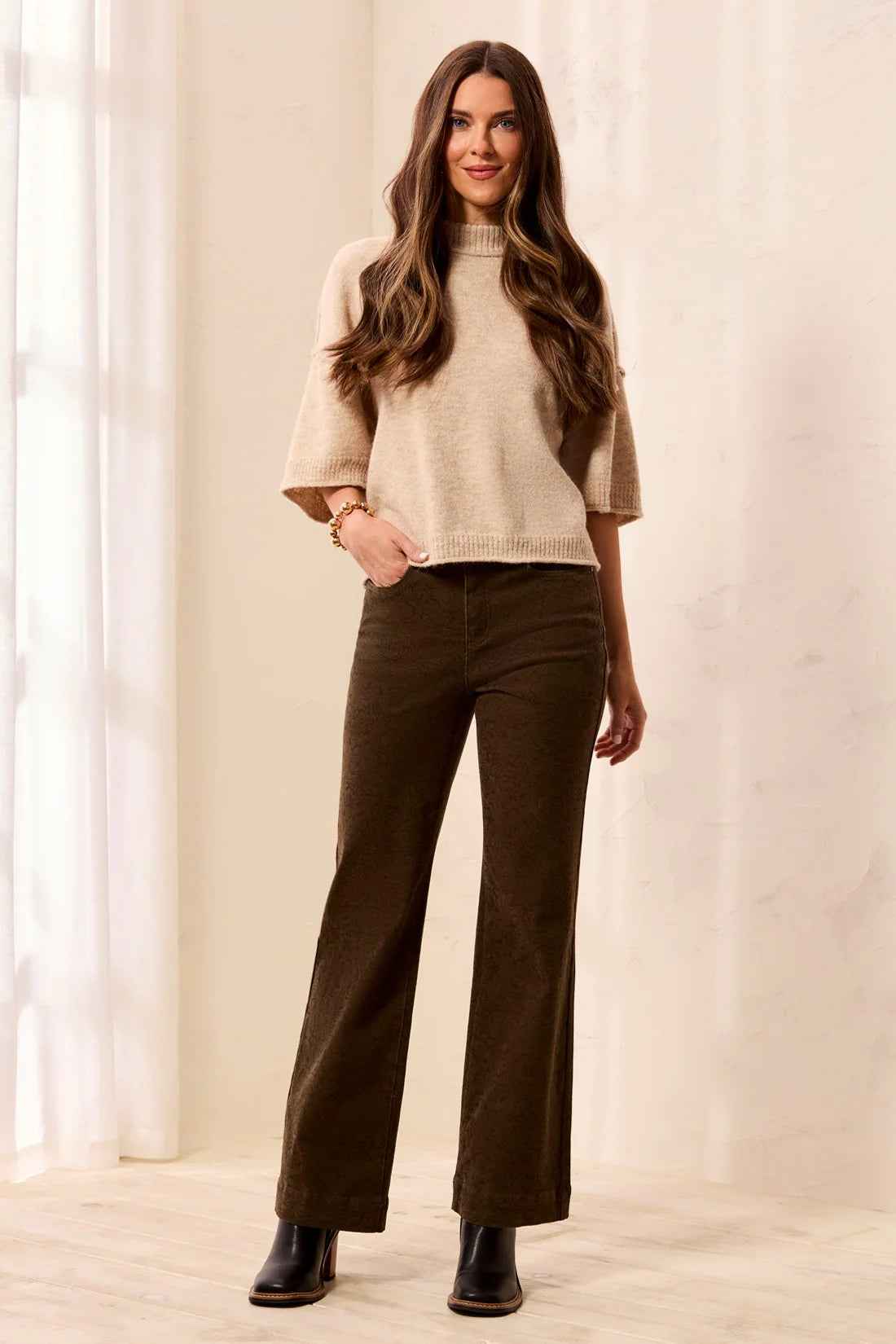 Tribal Embossed Pattern High Rise Wide Leg Pants