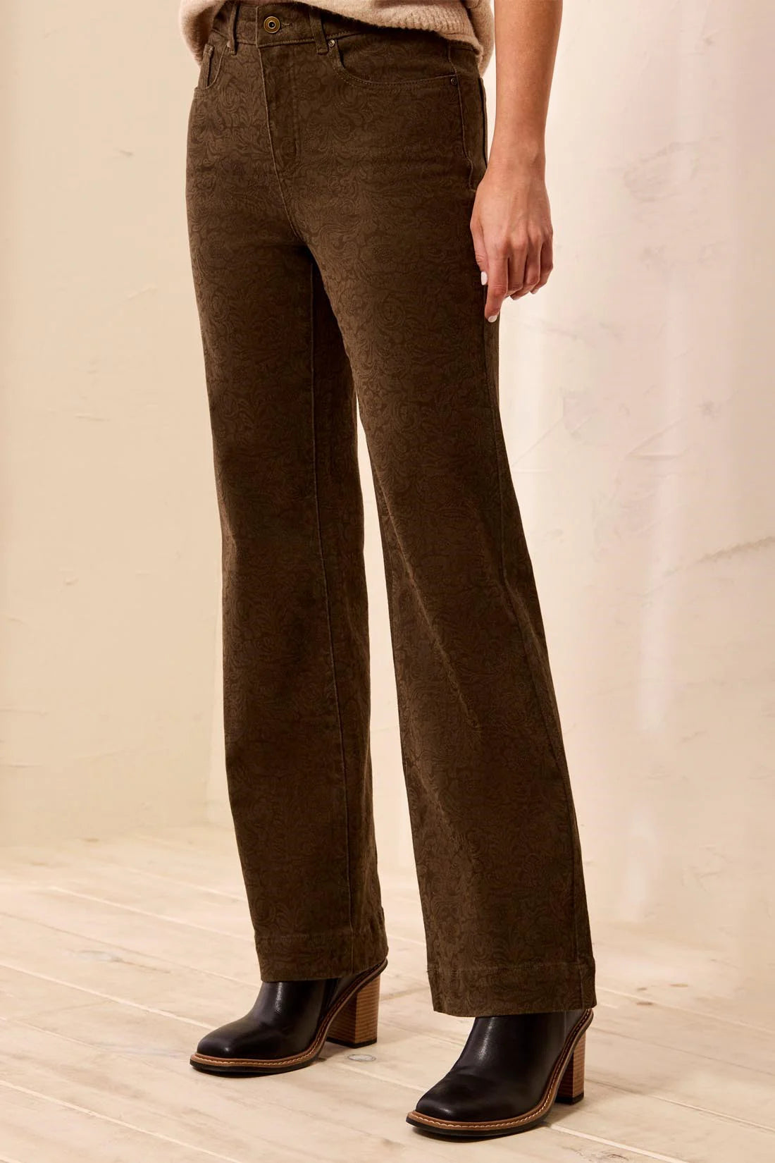 Tribal Embossed Pattern High Rise Wide Leg Pants
