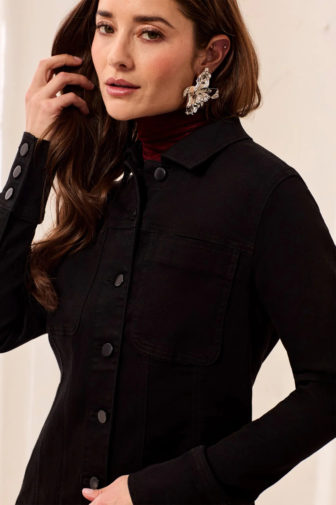 Tribal Embroidered Button Front Fitted Denim Jacket
