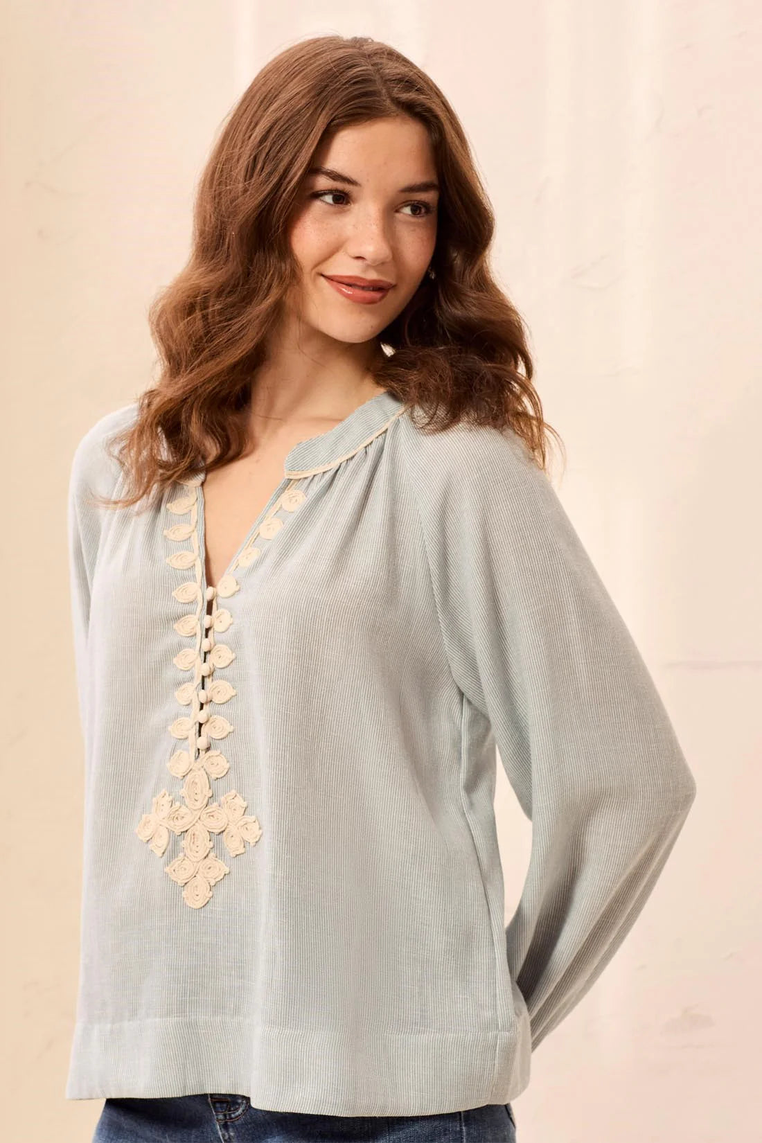 Tribal Embroidered Notch Neck Button Placket Blouse