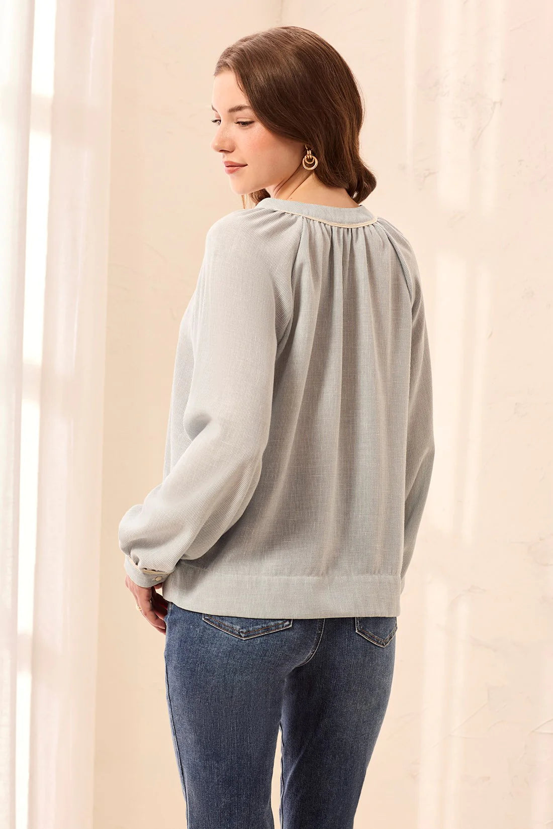 Tribal Embroidered Notch Neck Button Placket Blouse