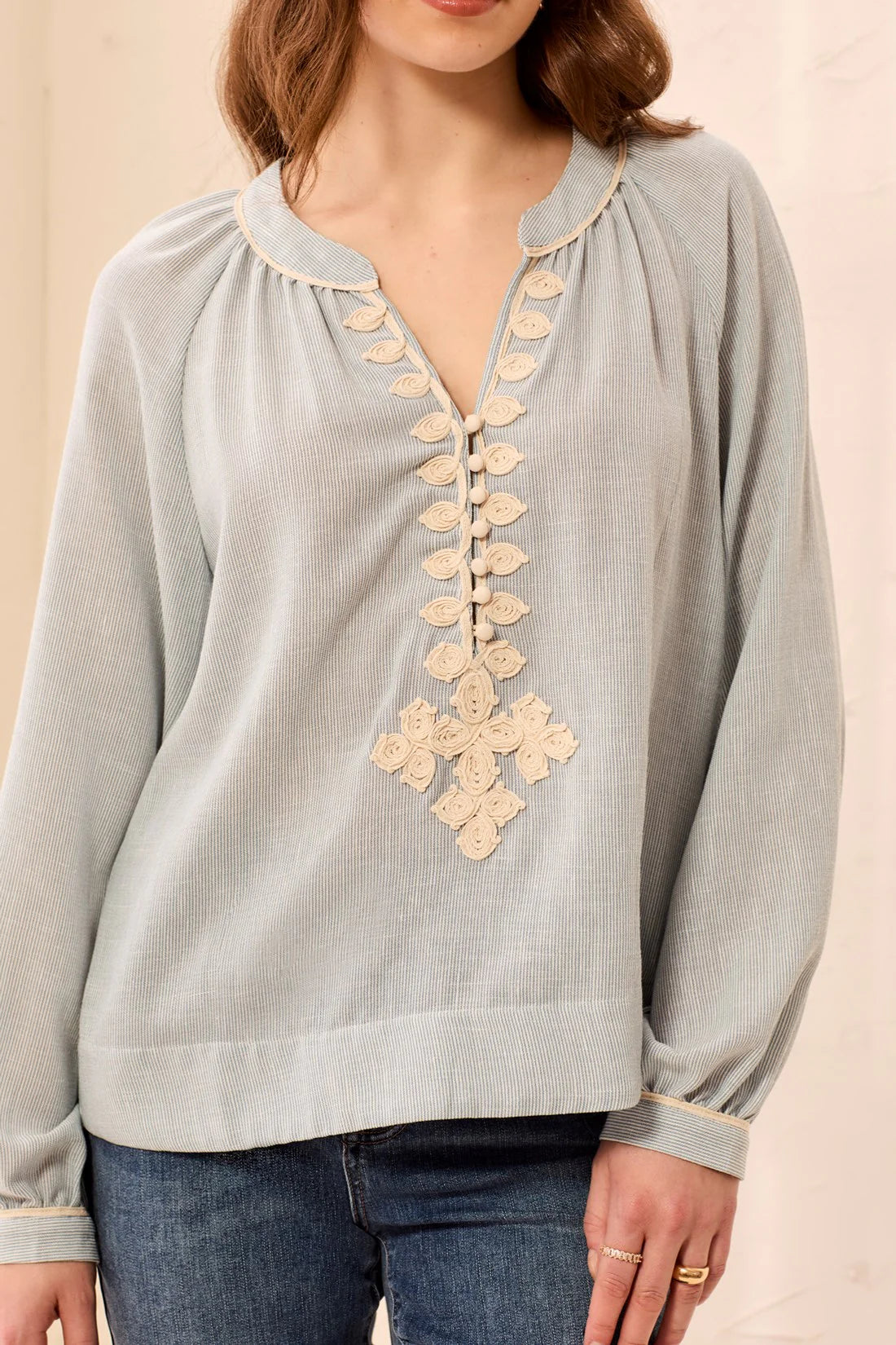 Tribal Embroidered Notch Neck Button Placket Blouse