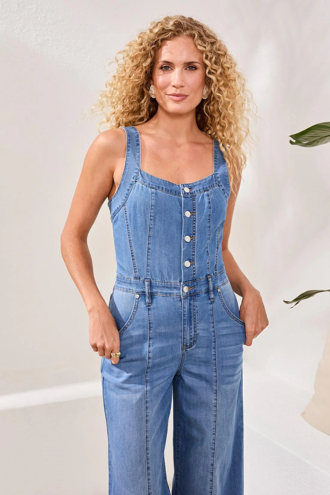 Tribal Blue Thread Tencel Wide Leg Jumpsuit With Shirred Elastic Back