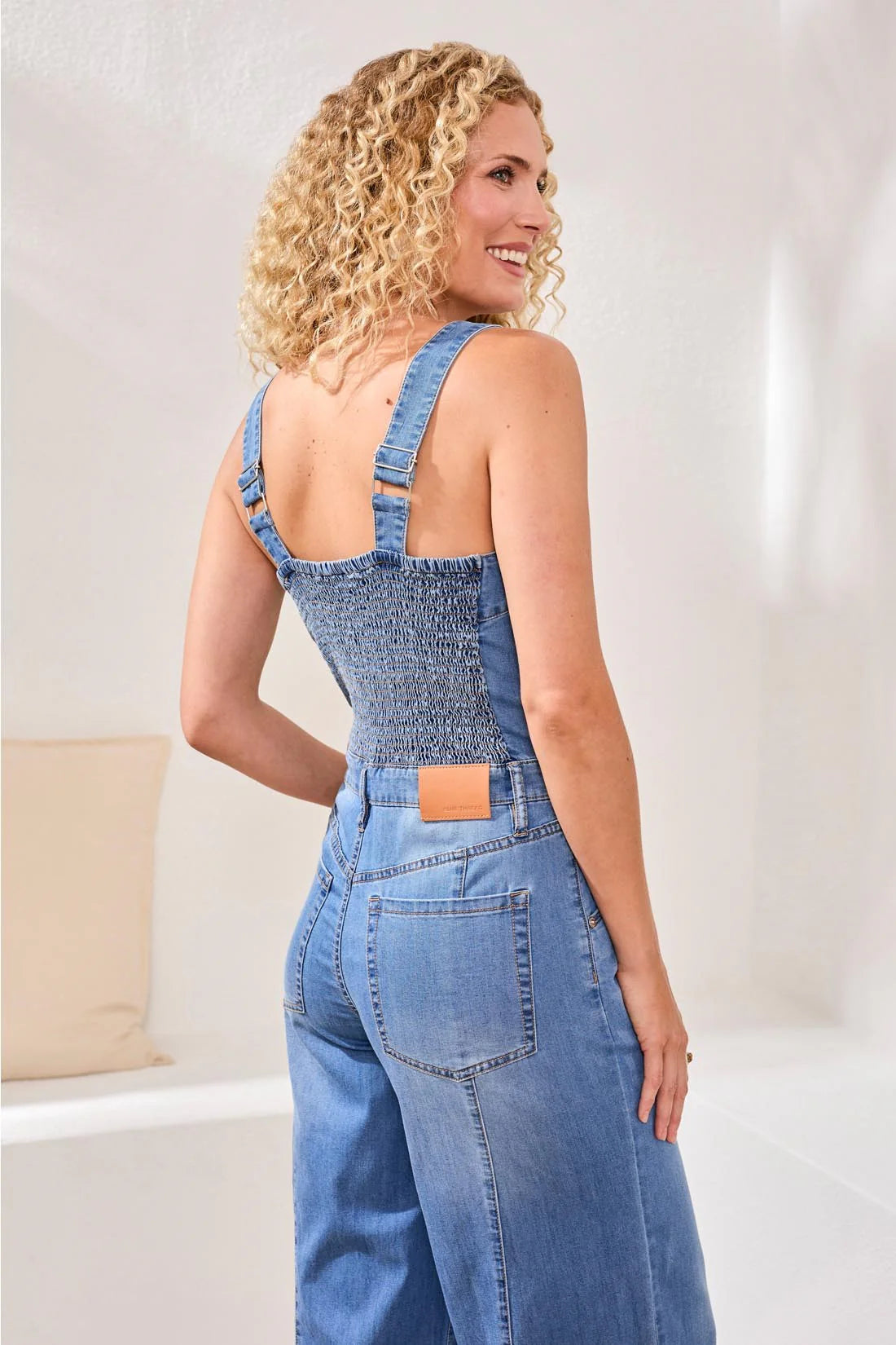Tribal Blue Thread Tencel Wide Leg Jumpsuit With Shirred Elastic Back