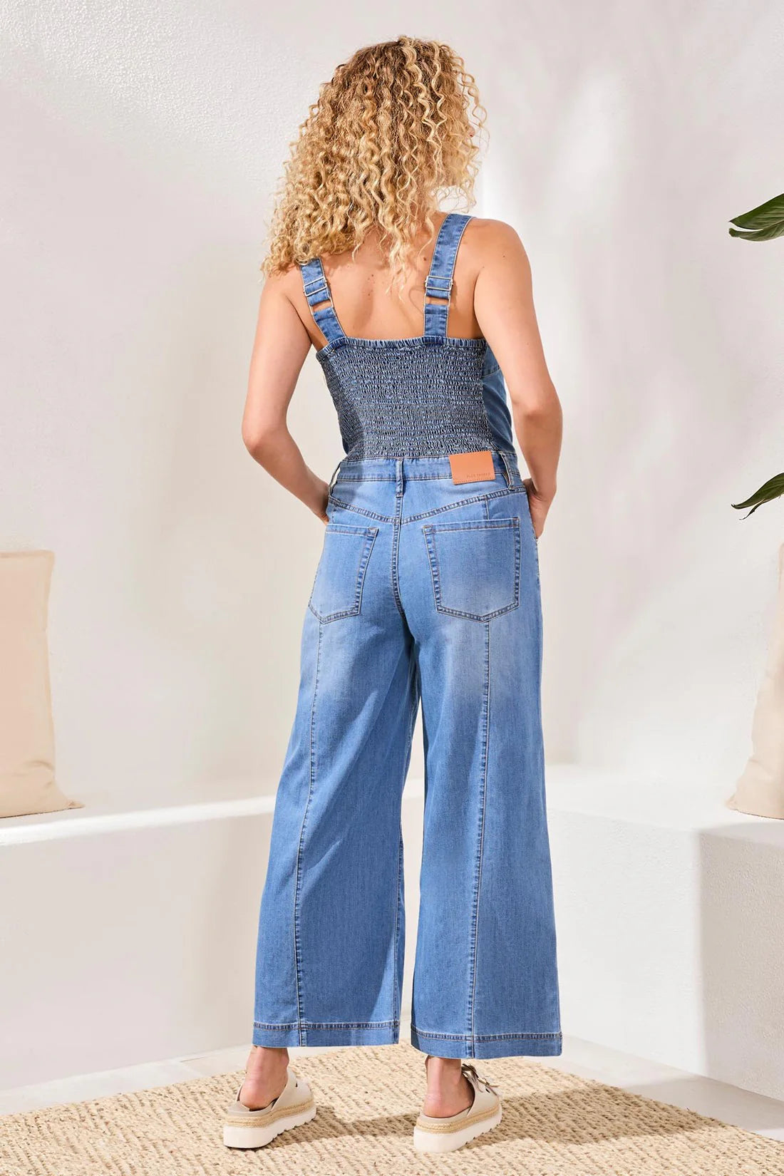 Tribal Blue Thread Tencel Wide Leg Jumpsuit With Shirred Elastic Back