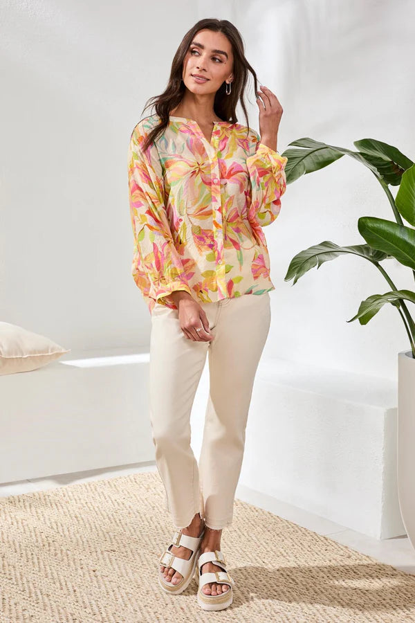 Tribal Flowy Dolman Sleeve Blouse With Self-Covering Buttons