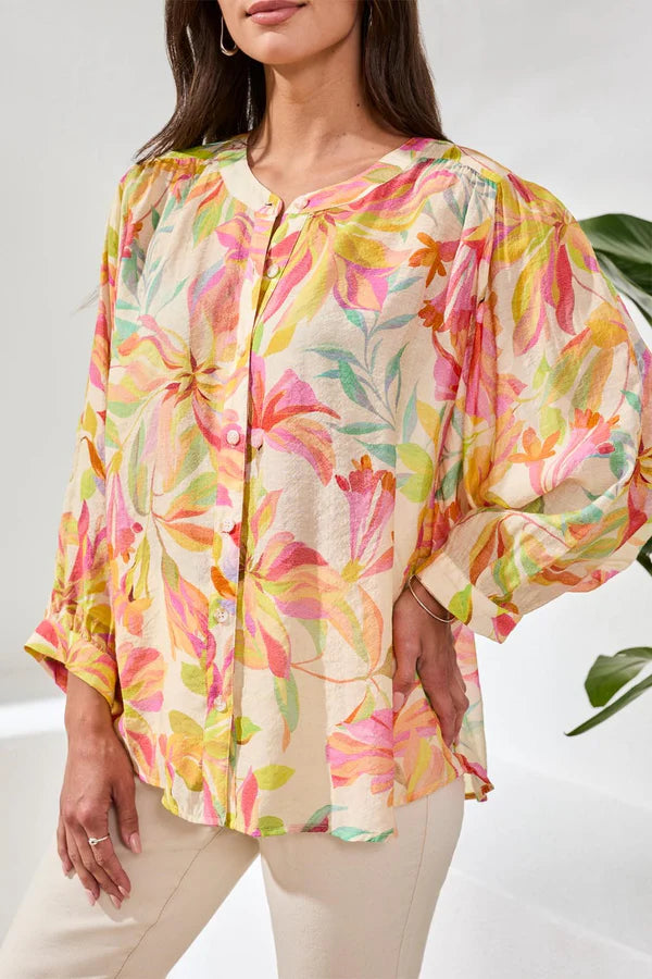 Tribal Flowy Dolman Sleeve Blouse With Self-Covering Buttons