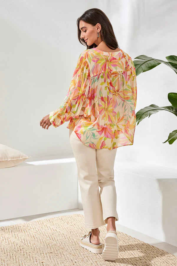 Tribal Flowy Dolman Sleeve Blouse With Self-Covering Buttons