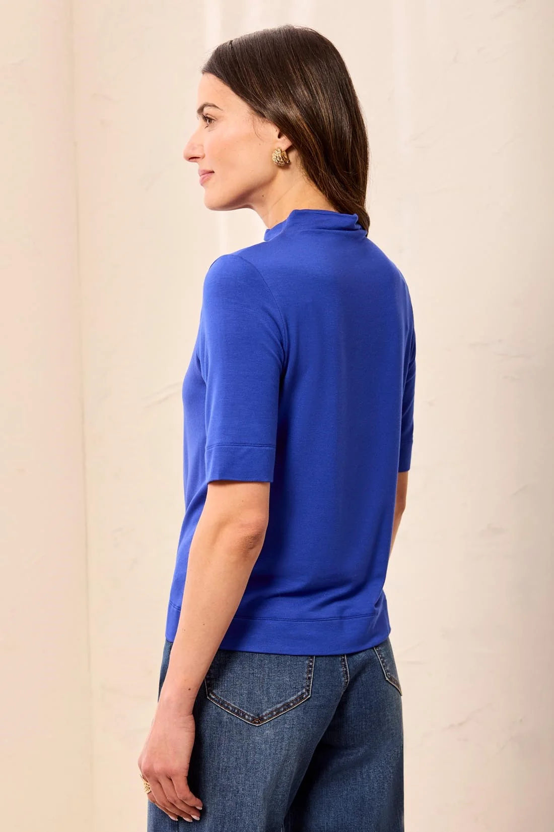 Tribal Funnel Neck Elbow Sleeve Soft Knit Top