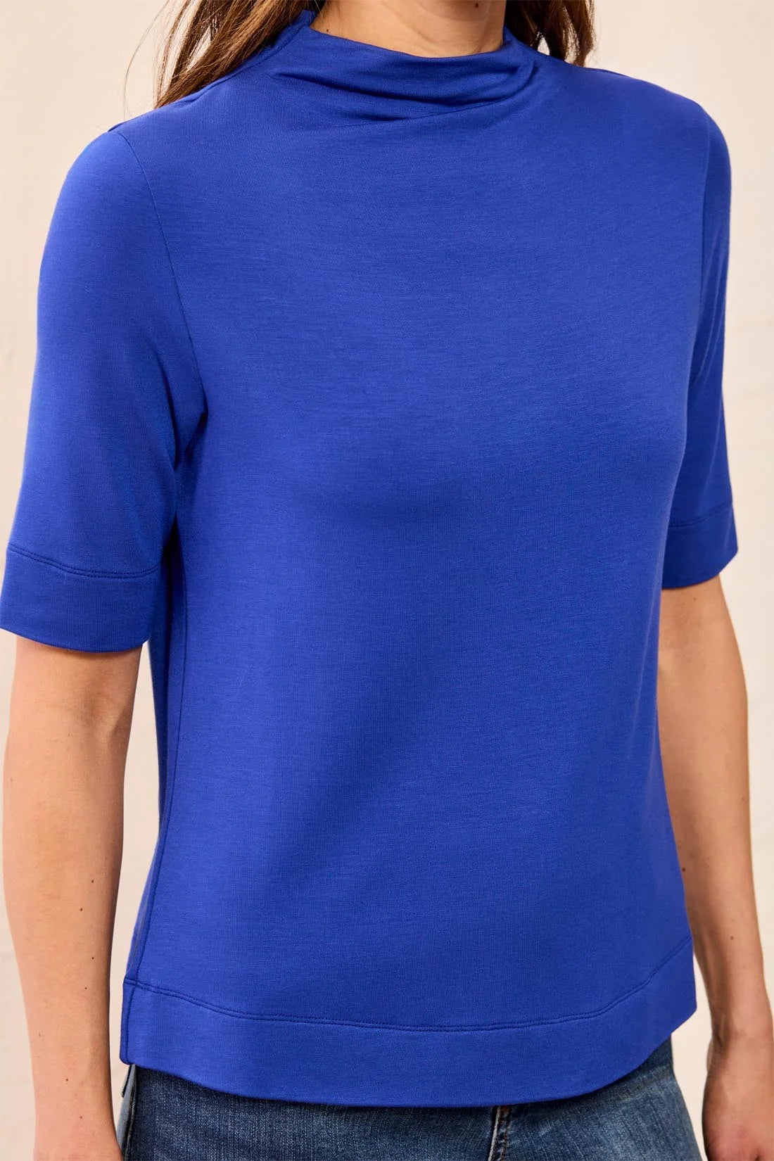 Tribal Funnel Neck Elbow Sleeve Soft Knit Top