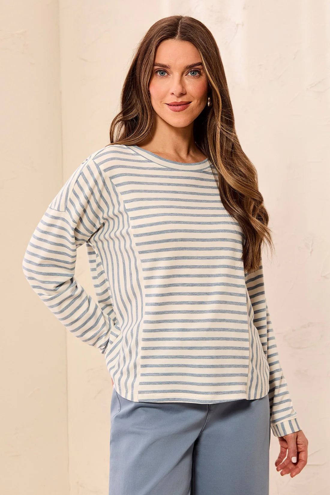Tribal Lightweight Striped Crewneck Long Sleeve Knit Top