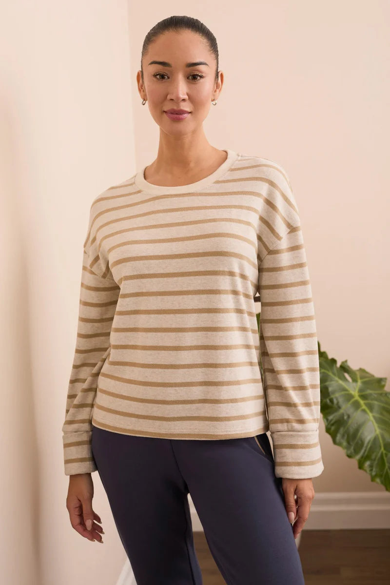 Tribal Long Sleeve Stripe Crew Neck Brush Knit Top