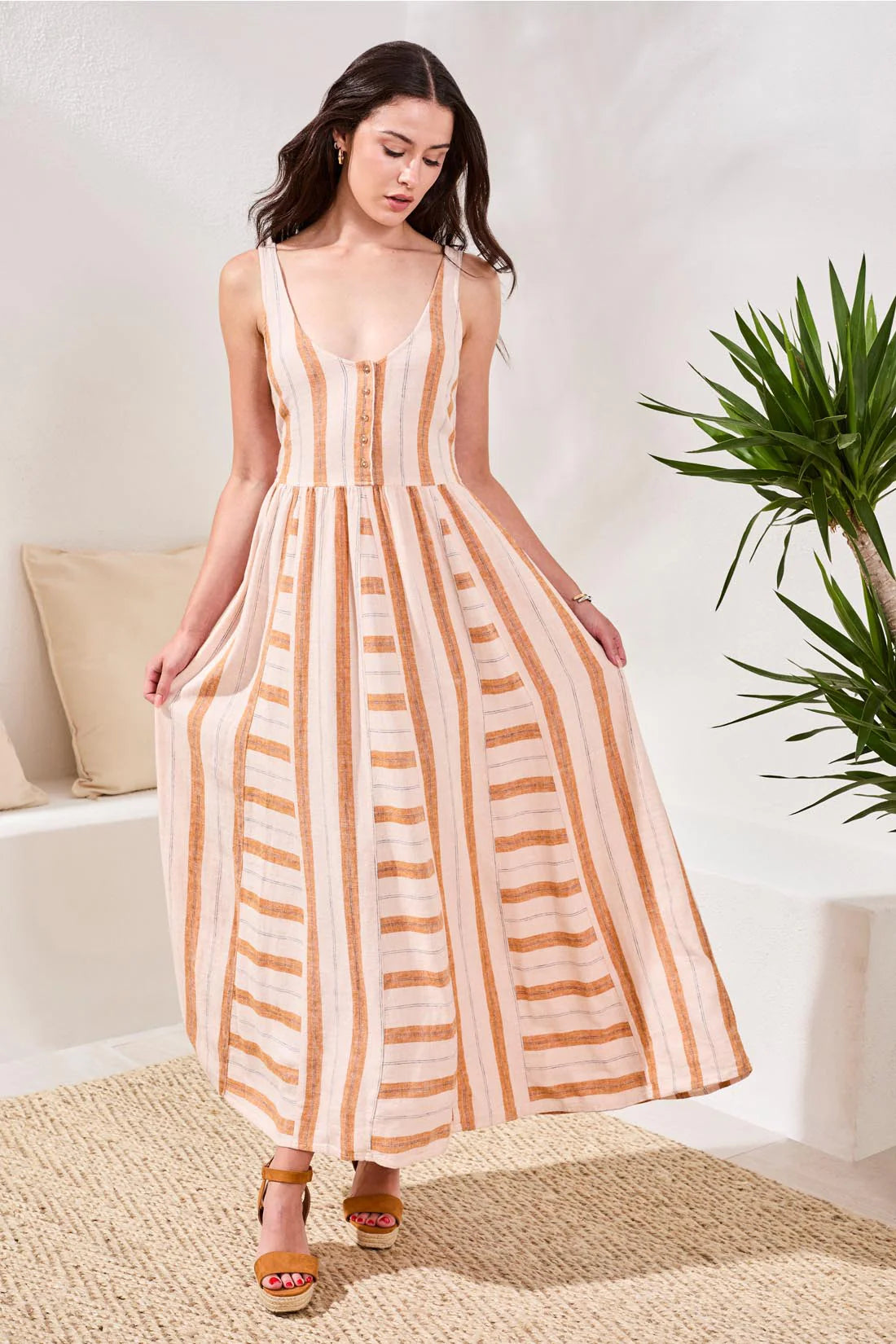Tribal Linen Maxi Dress With Contrast Inserts & Adjustable Waist Sash