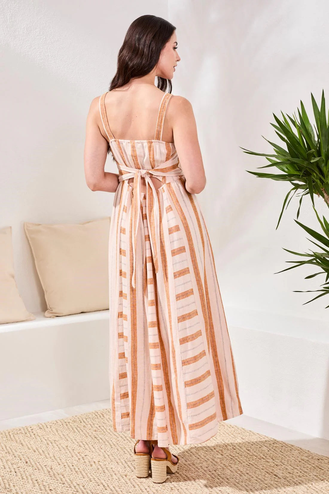 Tribal Linen Maxi Dress With Contrast Inserts & Adjustable Waist Sash