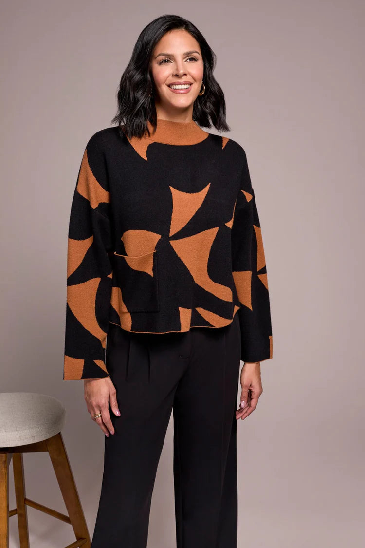 Tribal Oversized Mock Neck Abstract Print Sweater