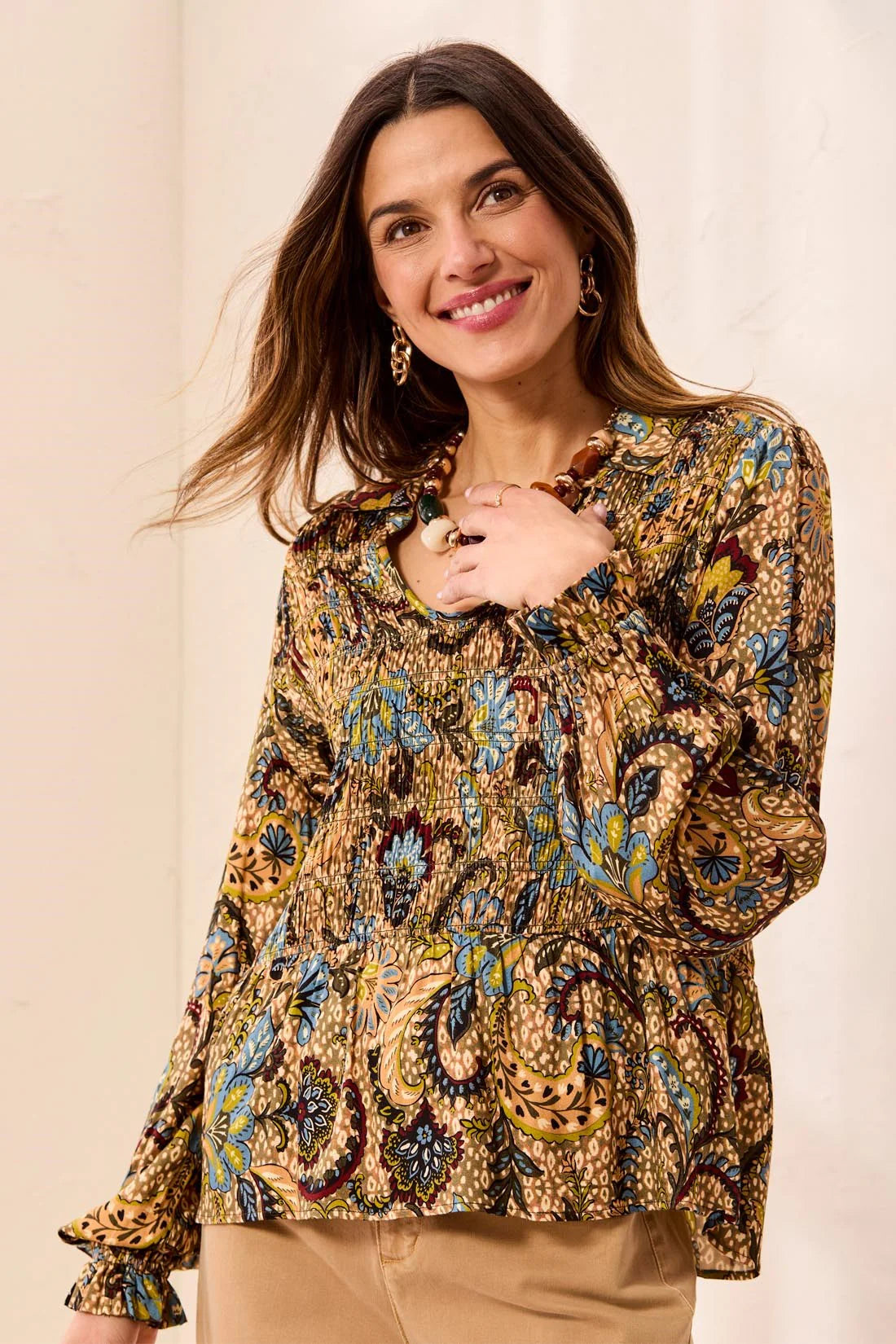 Tribal Paisley Smocked Ruffle Neck Flounce Blouse