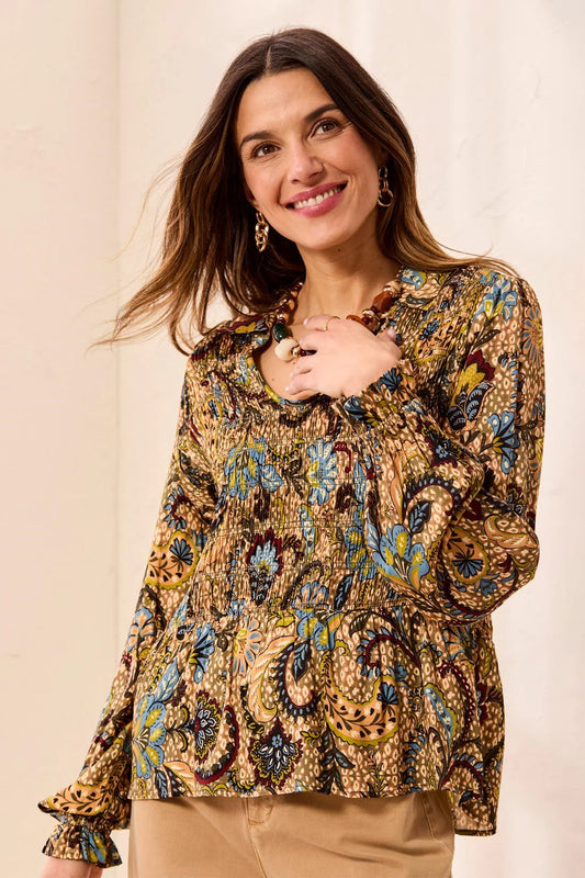 Tribal Paisley Smocked Ruffle Neck Flounce Blouse