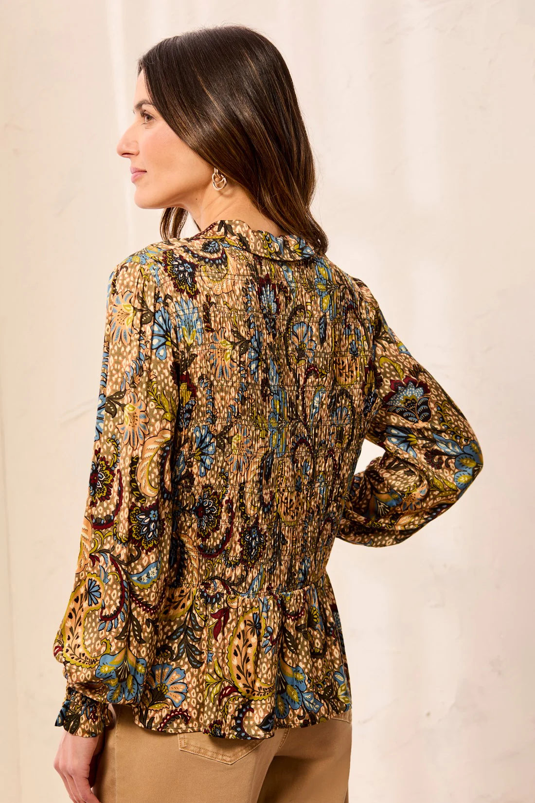 Tribal Paisley Smocked Ruffle Neck Flounce Blouse