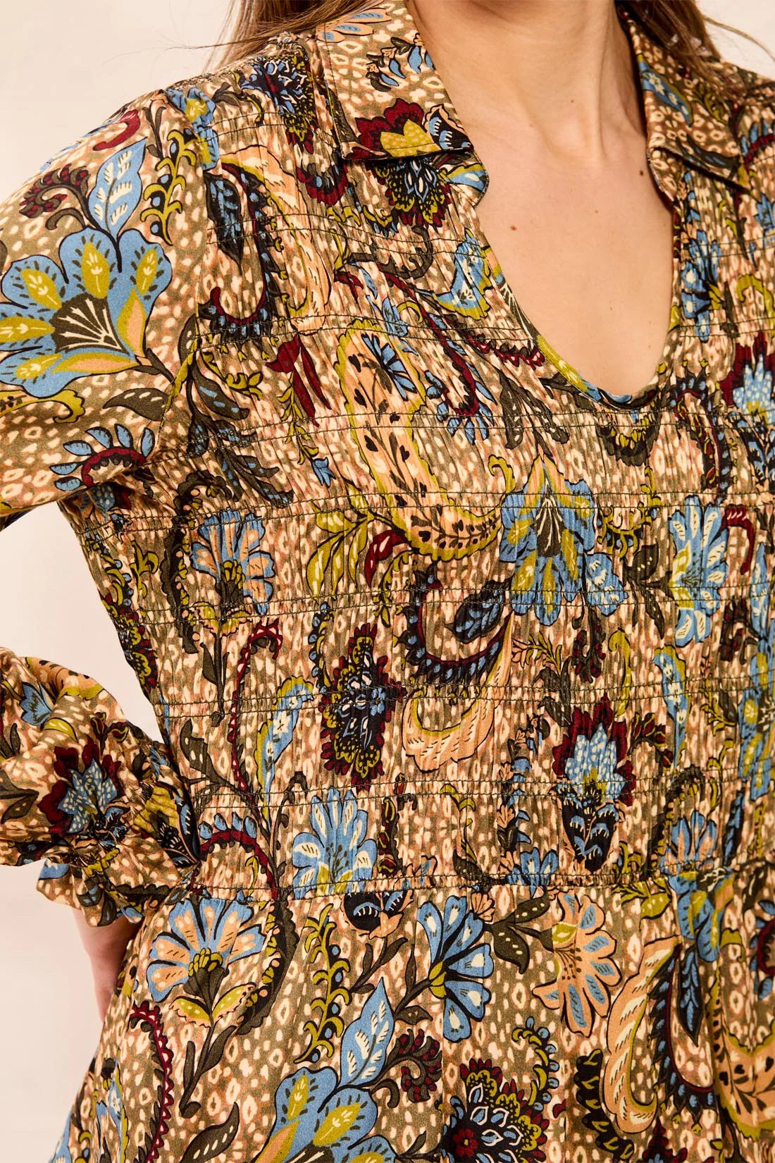 Tribal Paisley Smocked Ruffle Neck Flounce Blouse