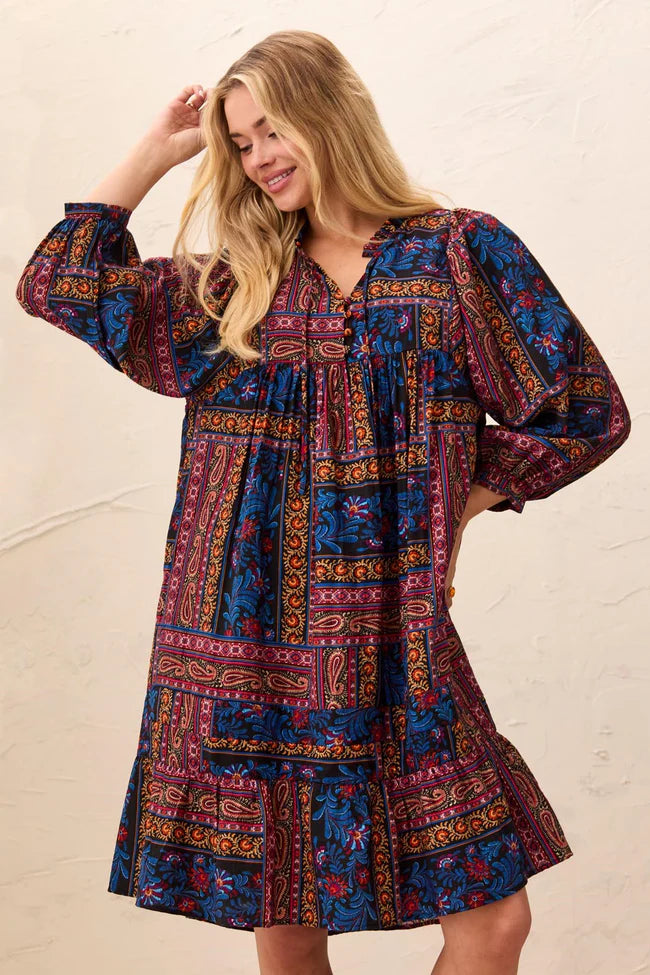 Tribal Patchwork Notch-Neck Empire Waist Dress With Puff Sleeves
