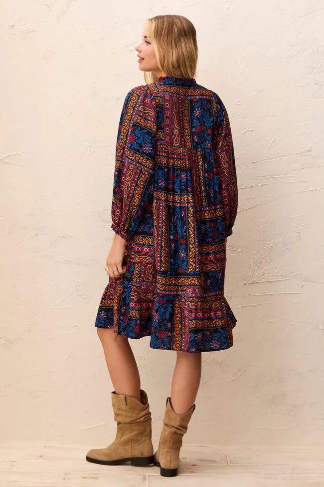 Tribal Patchwork Notch-Neck Empire Waist Dress With Puff Sleeves