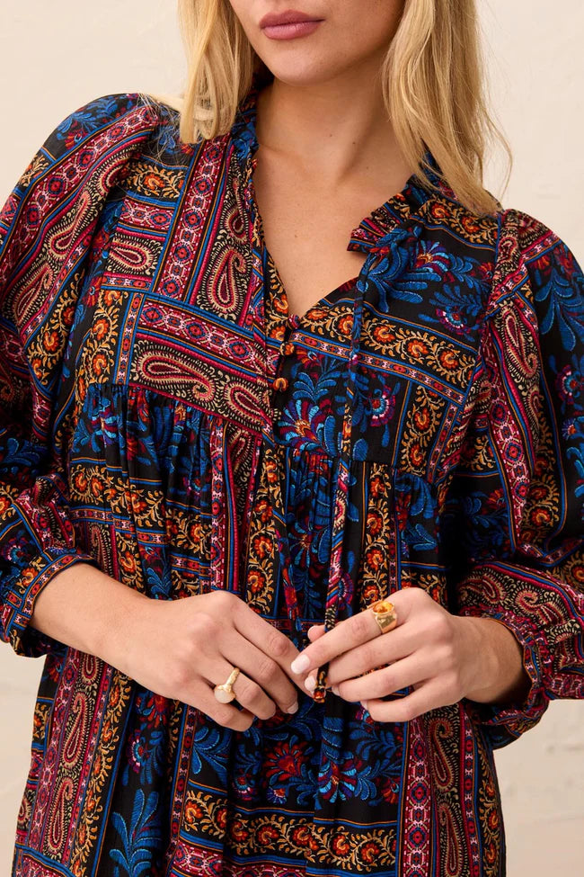 Tribal Patchwork Notch-Neck Empire Waist Dress With Puff Sleeves