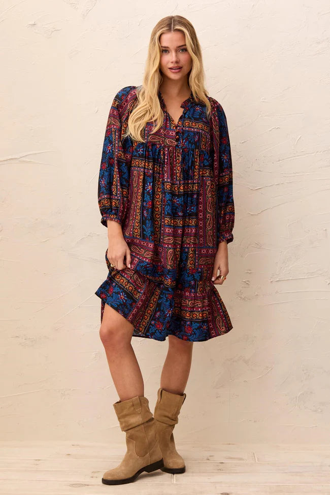 Tribal Patchwork Notch-Neck Empire Waist Dress With Puff Sleeves