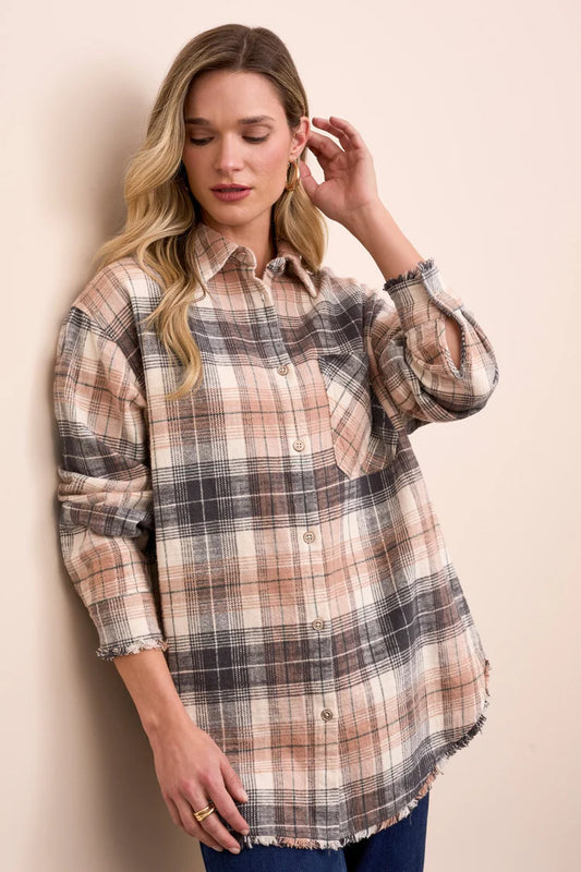 Tribal Plaid Flannel Fringed-Hem Shirt