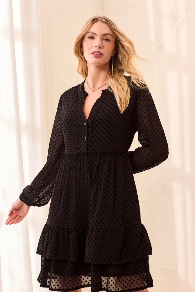 Tribal Polka Dot Chiffon Split Neck Long Sleeve Tiered Dress