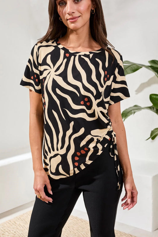 Tribal Printed Jersey Crew Neck Top With Side Ruching