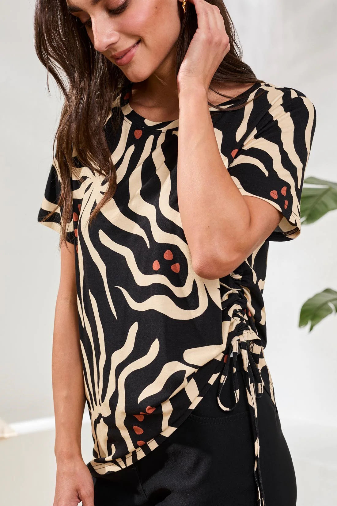 Tribal Printed Jersey Crew Neck Top With Side Ruching