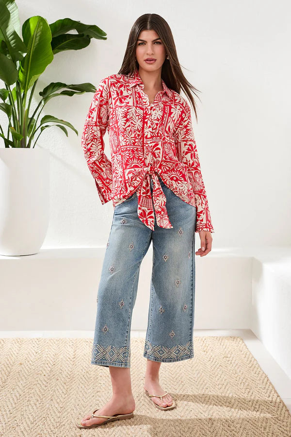 Tribal Printed Puckered Challis Blouse With Tie Front