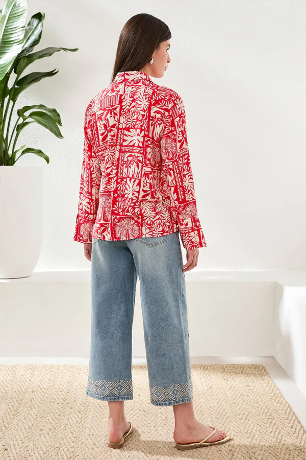 Tribal Printed Puckered Challis Blouse With Tie Front