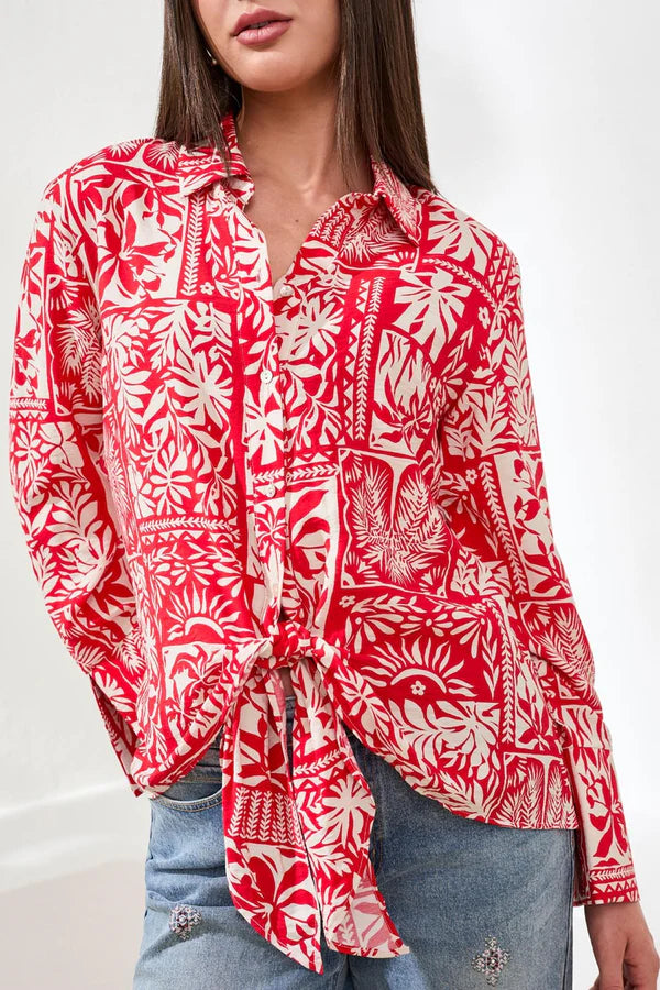 Tribal Printed Puckered Challis Blouse With Tie Front
