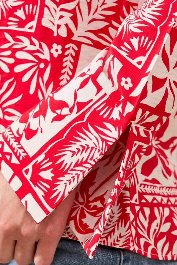 Tribal Printed Puckered Challis Blouse With Tie Front