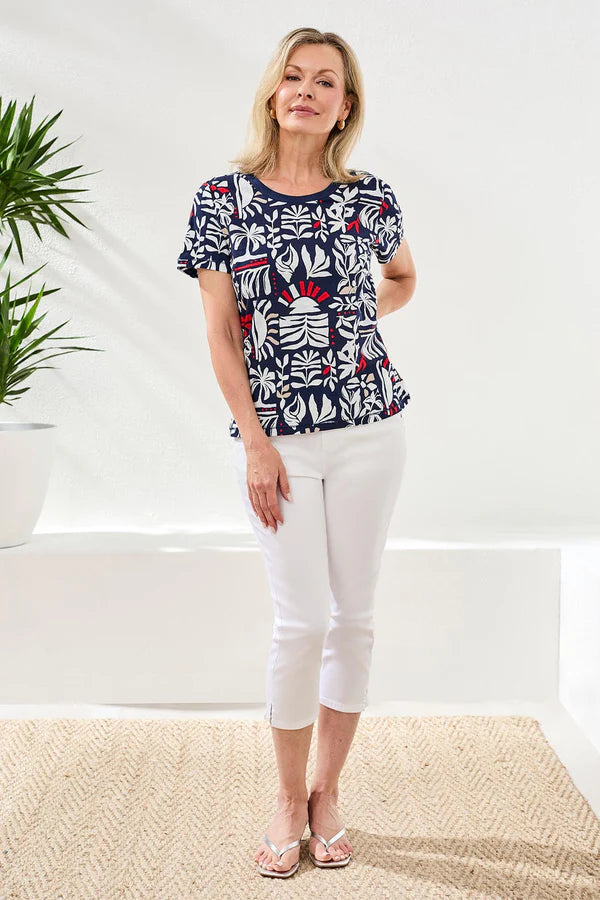 Tribal Printed Slub Knit Crew Neck Top