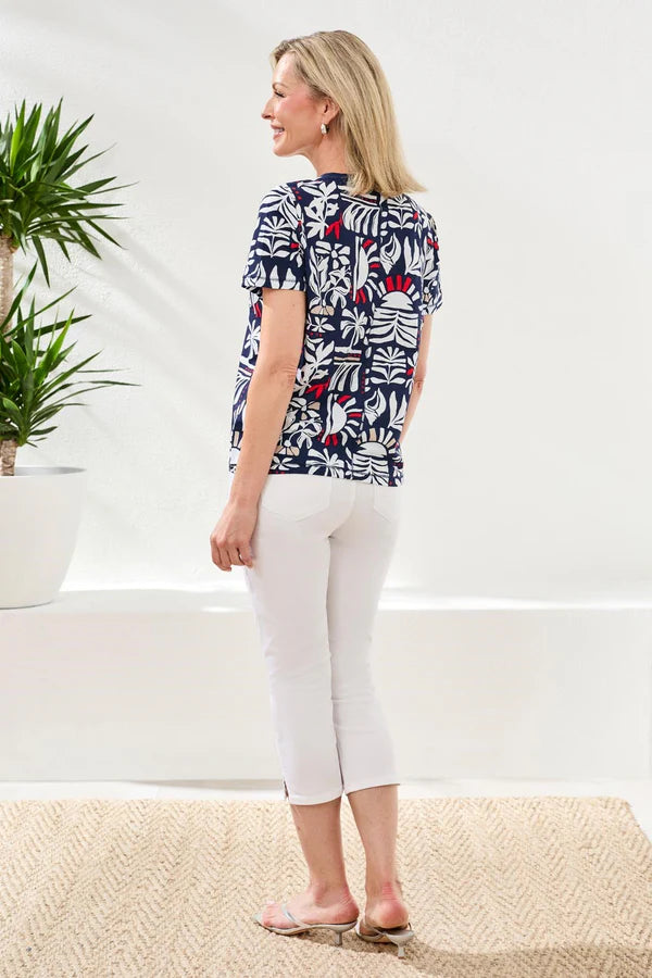 Tribal Printed Slub Knit Crew Neck Top